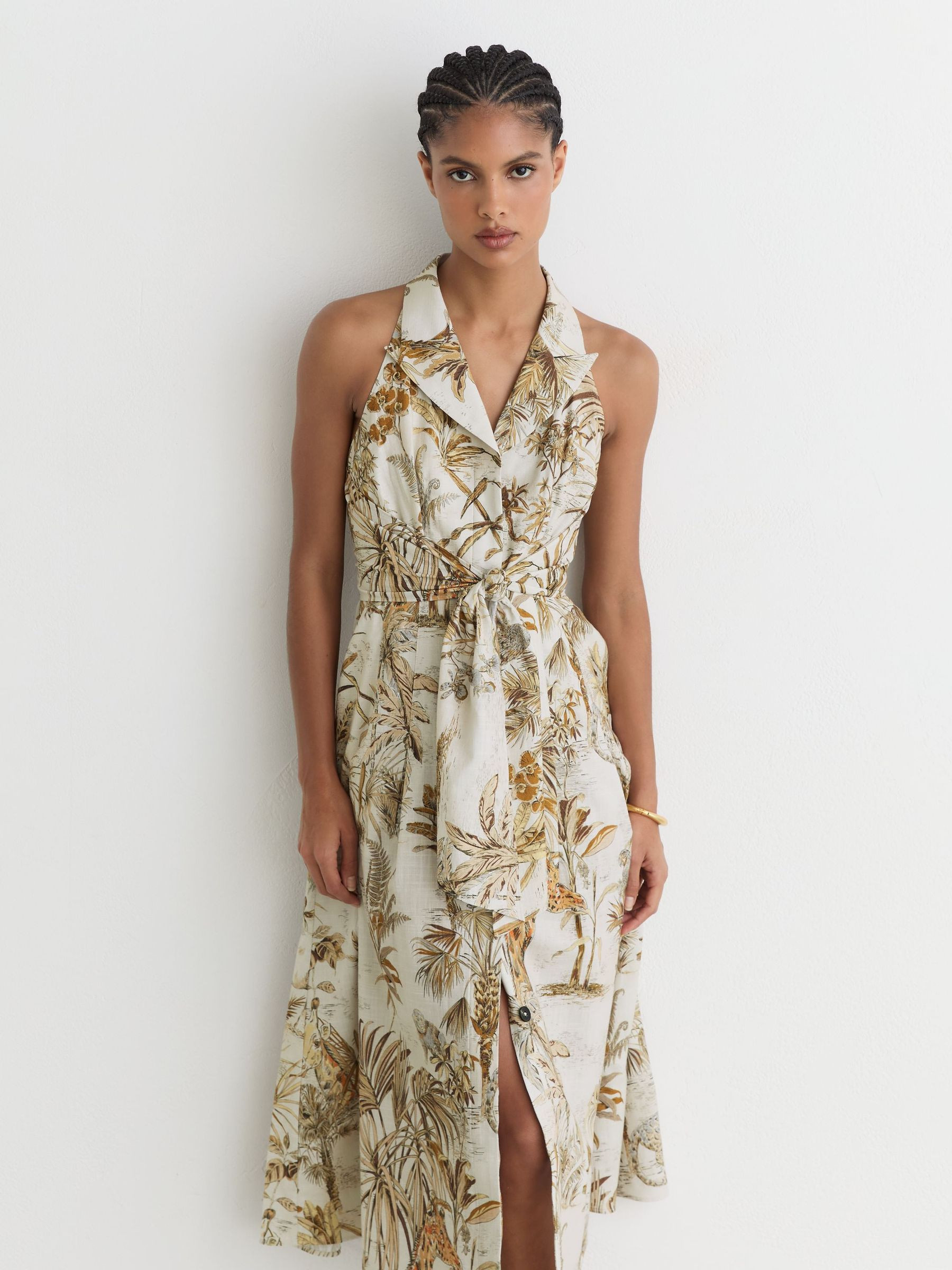 Reiss Cotton Safari-Print Tailored Midi Dress in Neutral | REISS | Reiss US