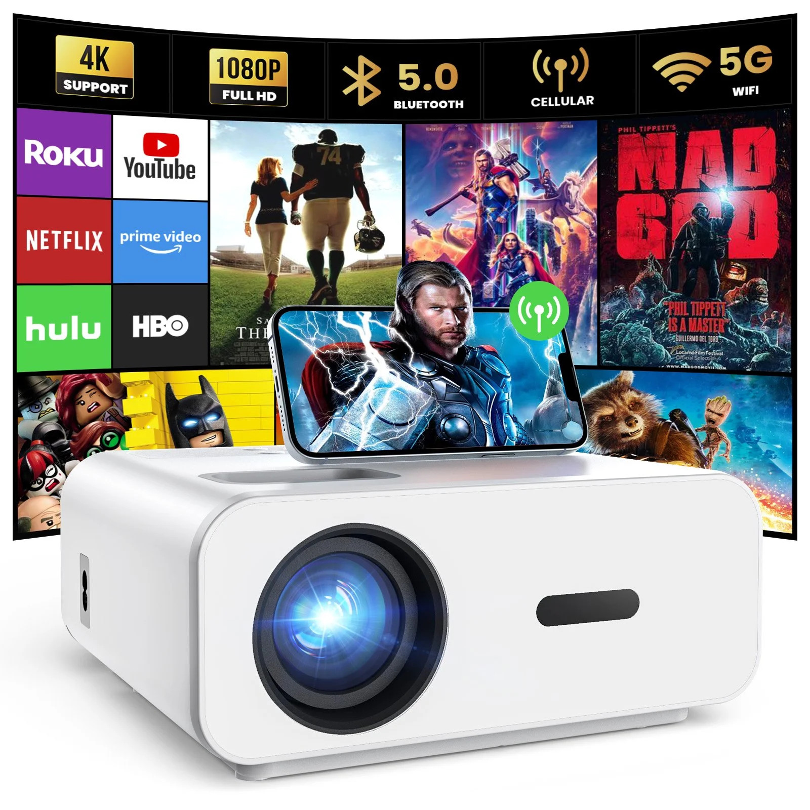 AUOSHI Projector with WiFi and Bluetooth, 5G WiFi Native 1080P 11000LM 4K Supported, Smart Portab... | Walmart (US)