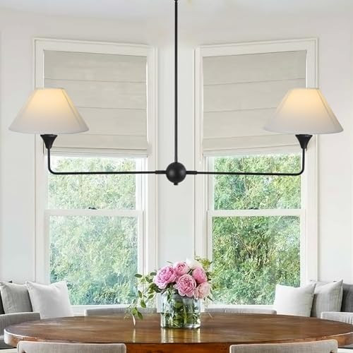 HuisMier Modern Linear Chandelier for Kitchen Island, 2-Light Black Linear Dining Room Light Fixture with Off-White Fabric Shade, Rustic Pendant Light for Dining Room, Restaurant, Living Room, Bedroom | Amazon (US)