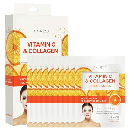 Skin 2.0 Vitamin C & Collagen Sheet Mask - Anti-Aging, Wrinkle & Age Spot Reducer, Hydrating & Moisturizing - Dermatologist Tested Korean Skincare, Clean Beauty, All Skin Types - 10 Count | Amazon (US)