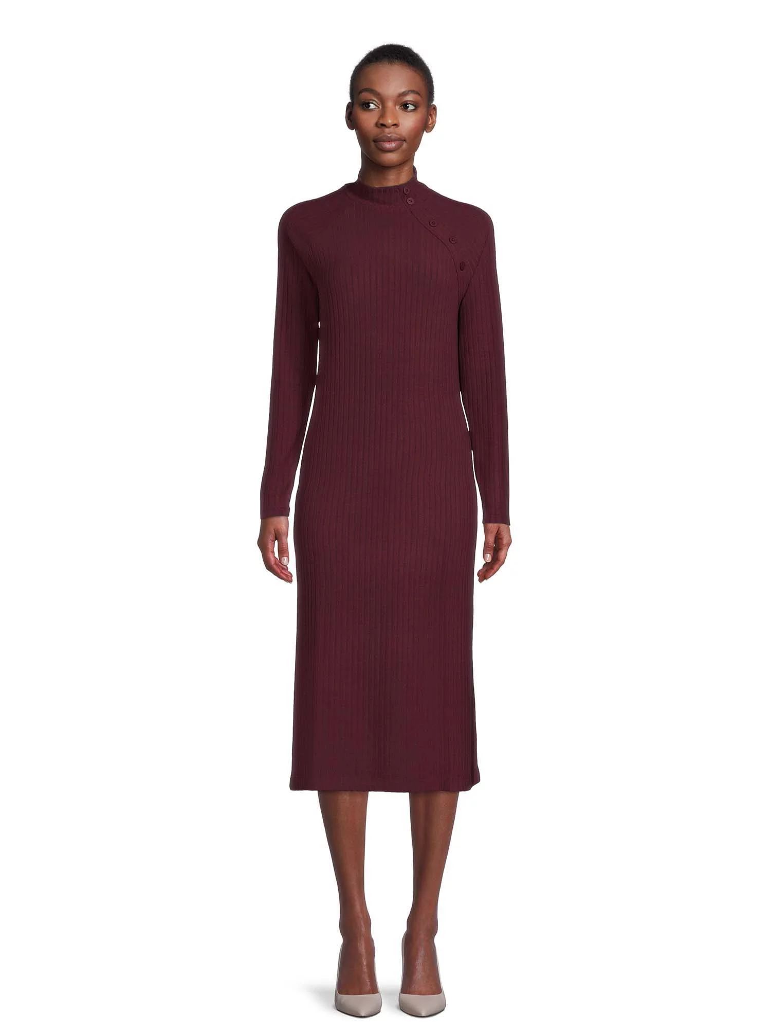 Time and Tru Women's Rib Knit Dress with Long Sleeves | Walmart (US)