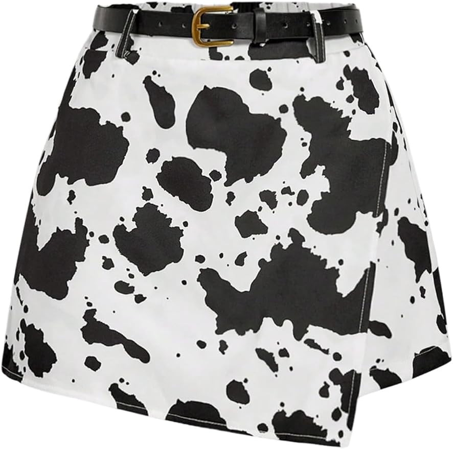 Floerns Women's Cow Print Mini Skort Wrap Asymmetric Hem Western Skirt Shorts with Belt | Amazon (US)