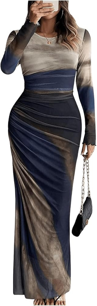 Women's Tie Dye Long Sleeve Maxi Dress Bodycon Ruched Night Out Formal Cocktail Long Dress for We... | Amazon (US)
