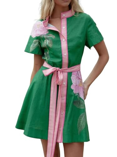 CHARTOU Women's Floral Linen Button Down Wrap Tie Knot Boho Beach Shirt Dress with Belt | Amazon (US)