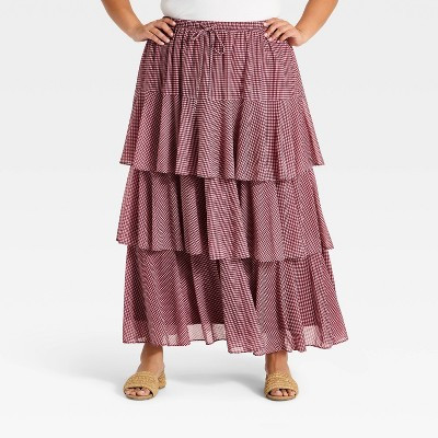 Women's Mesh Maxi Tiered Skirt - Ava & Viv™ Burgundy XXL | Target