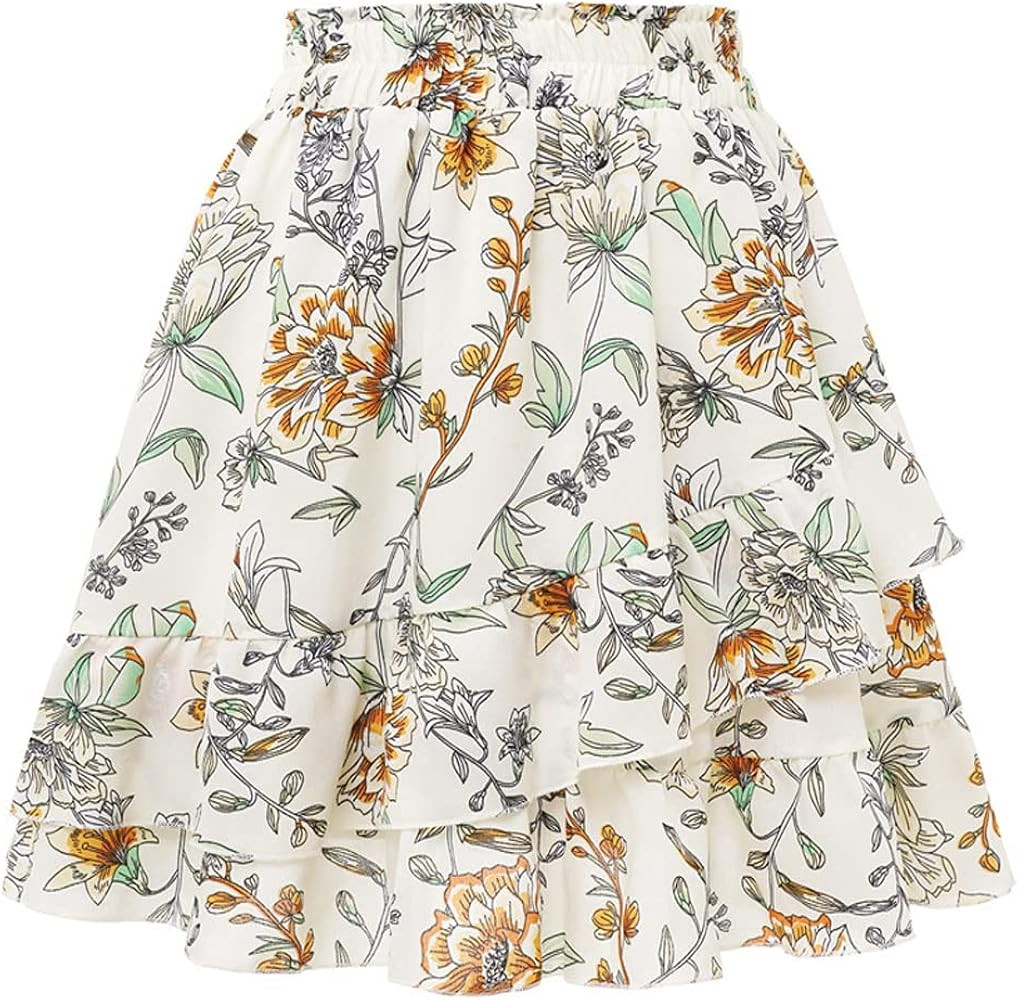 Femiserah Women's Chiffon Floral Ruffle Skirts Cute Summer Mini Skirt | Amazon (US)