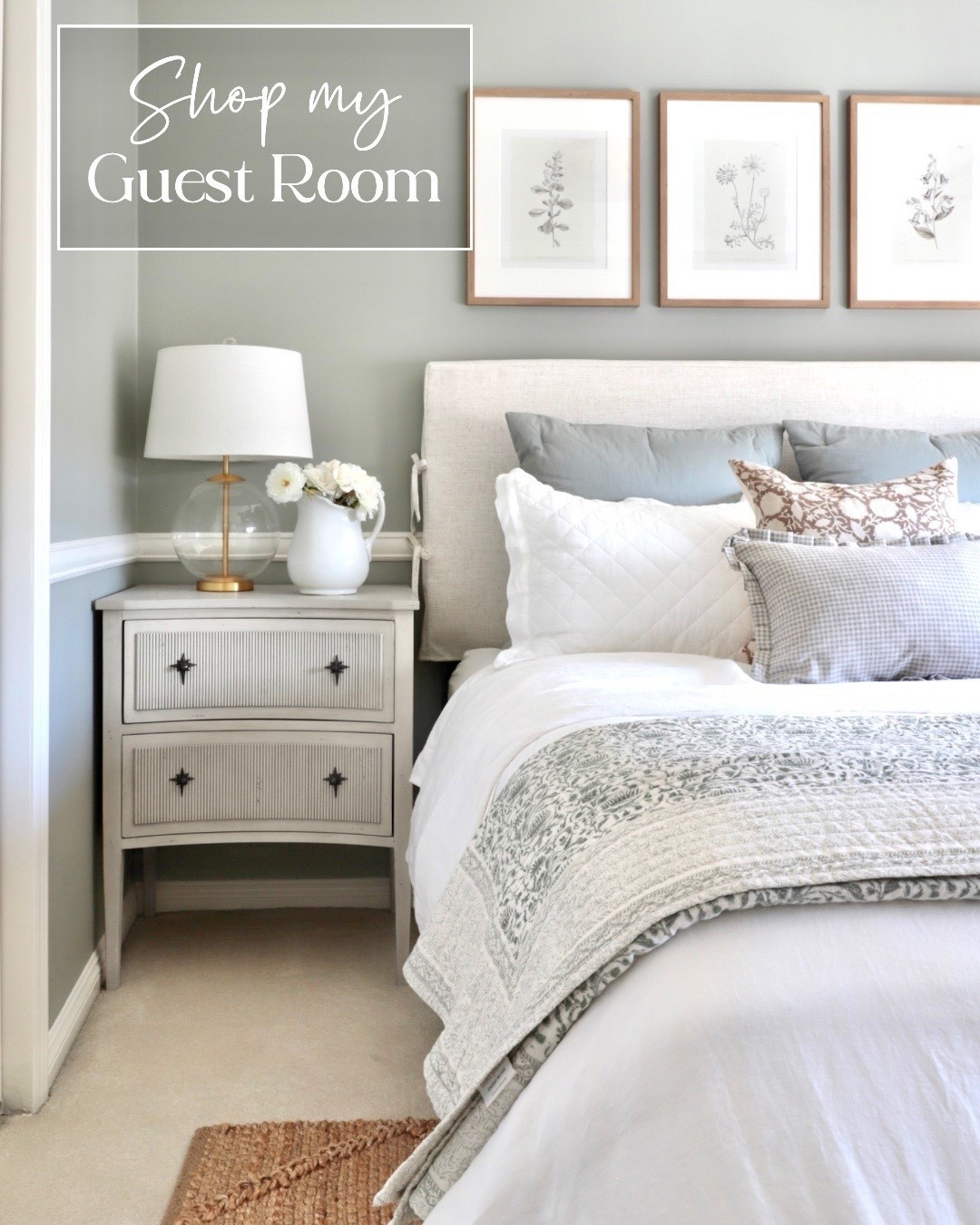 Our guest room is my favorite room - simple, French-inspired and just the right amount of soft sage green!

Home decor, bedroom decor, bedding, headboard, nightstand, artwork, wall decor, area rug, table lamp, ceiling light, flush mount 

#LTKHome