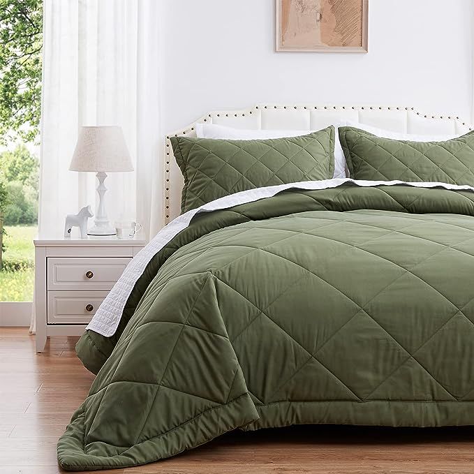 SunStyle Home Queen/Full Quilt Set Lightweight Green Comforter Set Diamond Pattern All Season 3 P... | Amazon (US)