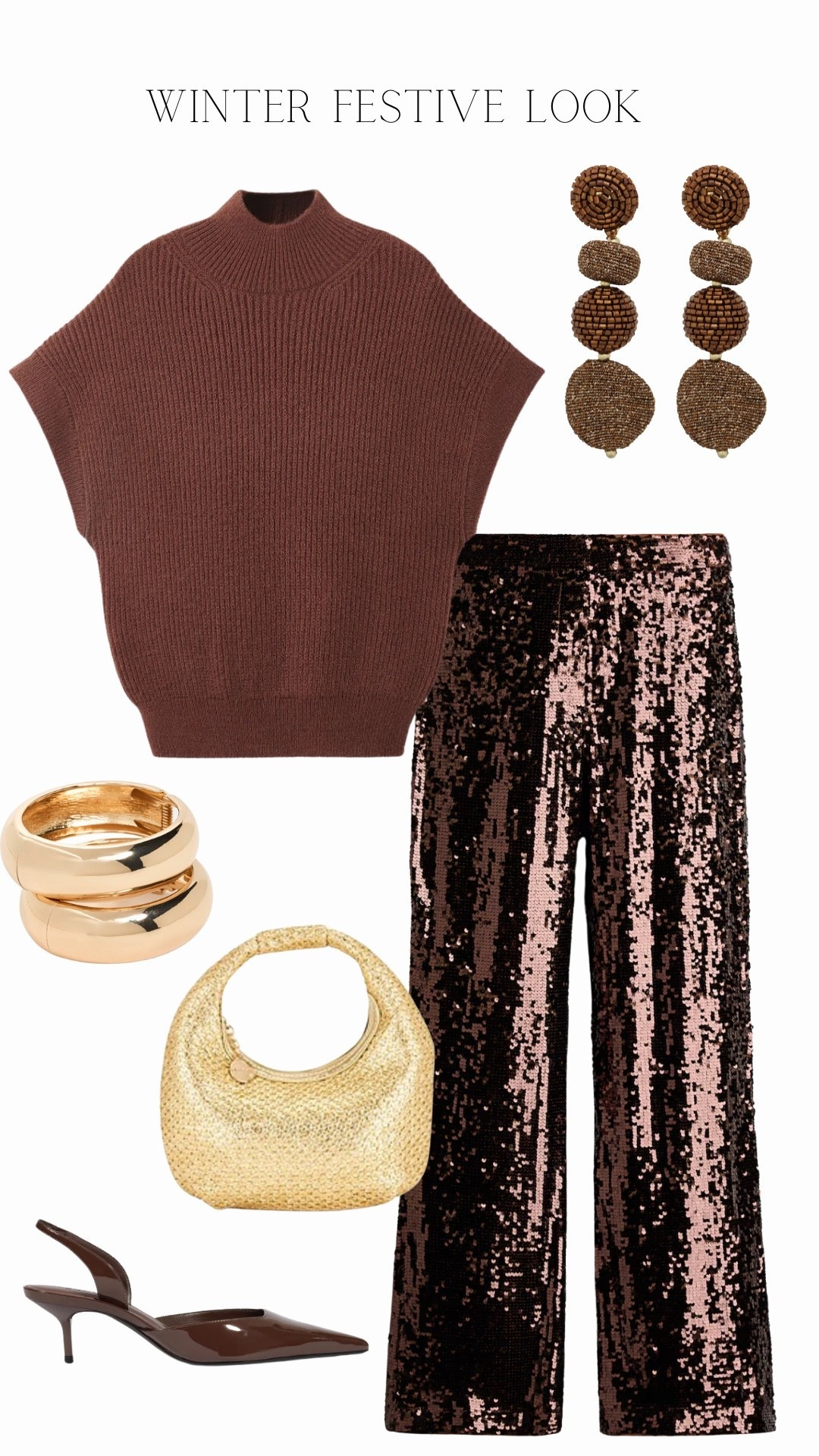 Winter Festive Fit

Brown Short Sleeve Sweater: MANGO (Perkins Sweater)
Dark Brown Sequin Pants: H&M
Gold Woven Bag: Olga Berg (Eden Bag)
Brown Patent Pump: Schutz (Paola Pump)
Brown Drop Earrings: Panacea
Cuff Bracelets: SHASHI (Double Tsuki Cuff Bracelets)

#LTKootd #LTKSeasonal #LTKHoliday
