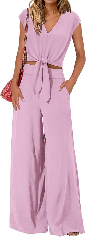 PRETTYGARDEN Women's Summer 2 Piece Outfits 2025 Cap Sleeve V Neck Belted Crop Tops Wide Leg Pant... | Amazon (US)
