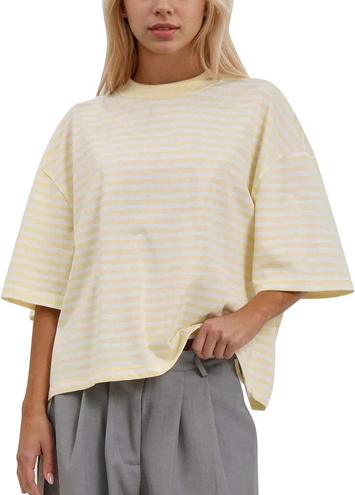 MISSACTIVER Oversized Striped Short Sleeve Shirts for Women Crew Neck Drop Shoulder Tshirts Y2K C... | Amazon (US)