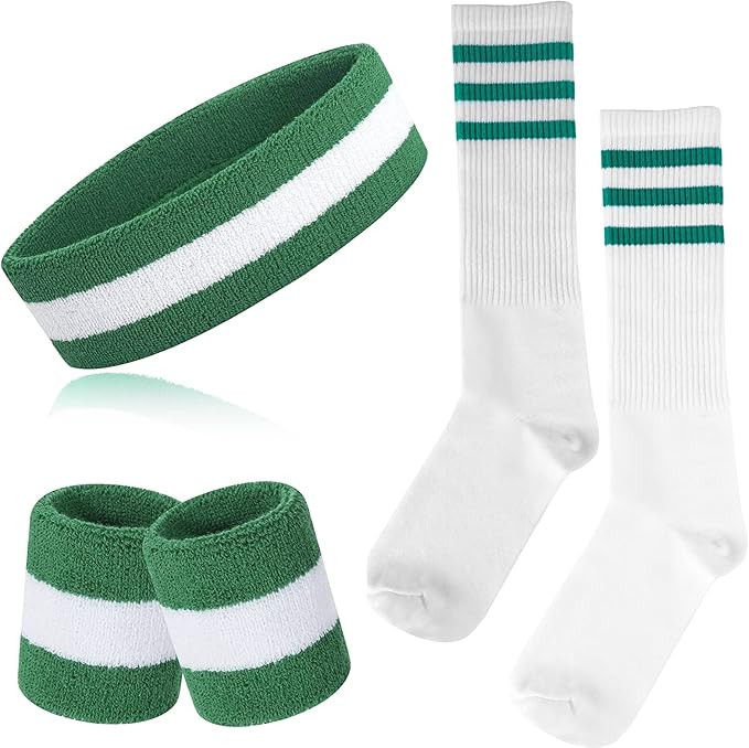 ONUPGO 5 Pieces Sweatbands Striped Socks Set Sports Headband Wristbands High Tube Socks 80s Acces... | Amazon (US)