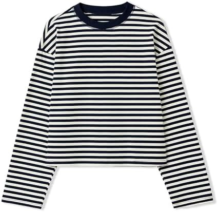 Y2k Womens Striped Cropped Shirt Drop Shoulder Long Sleeve Crewneck Sweatshirt Fairy Grunge Sweat... | Amazon (US)