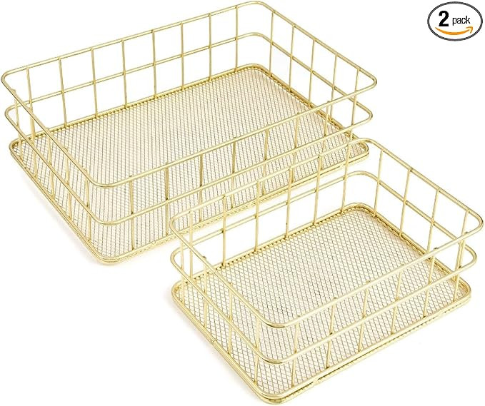 2 Pack Gold Basket,Gold Wire Basket Set for Organizing,Small Wire Metal Storage Baskets, Decorati... | Amazon (US)