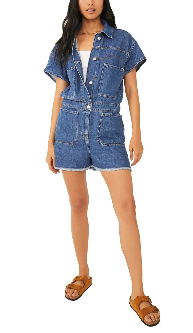 Free People Work Hard Play Harder Fray Hem Denim Romper | Nordstrom | Nordstrom