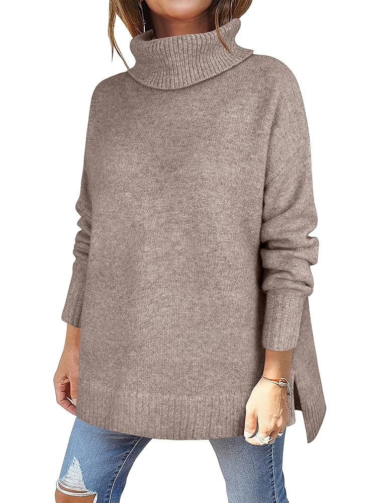 ANRABESS Womens Oversized Turtleneck Sweaters Casual Fall Long Sleeve Knit Spilt Hem Tunic Pullov... | Amazon (US)