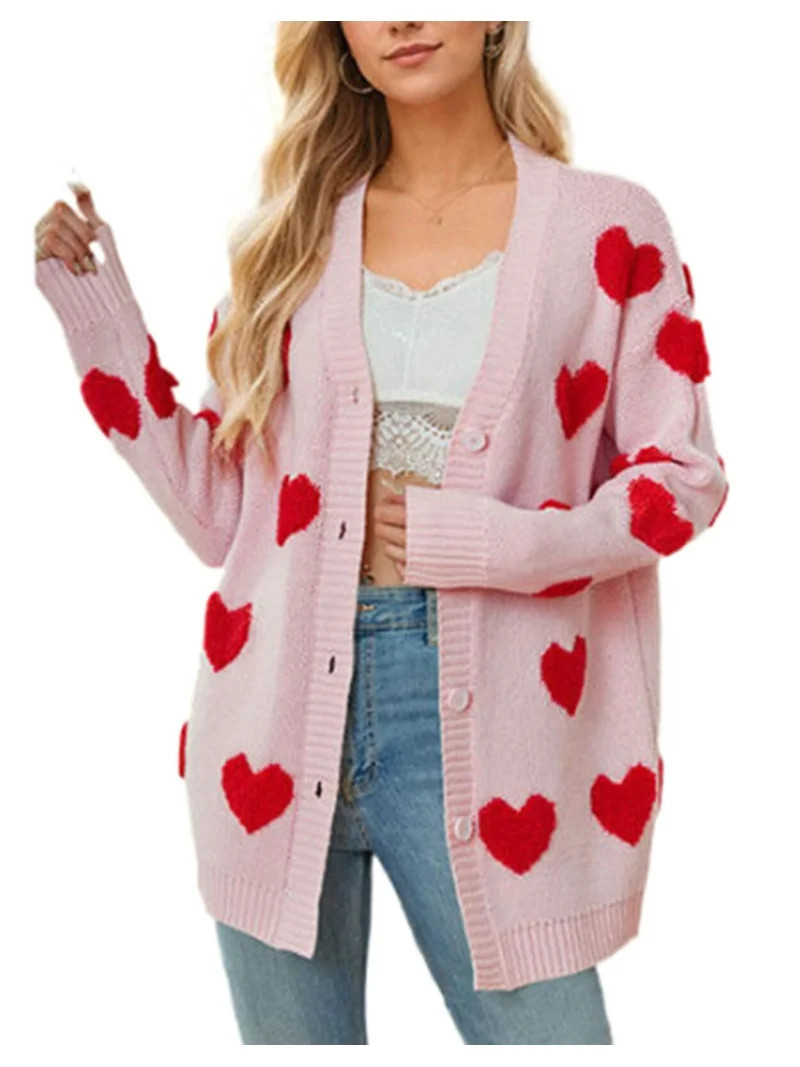 Cardigan Sweaters for Women Valentine's Day Heart Sweaters Oversized Cable Knit Button V Neck Lon... | Walmart (US)