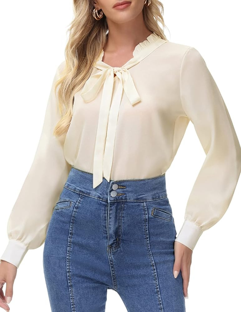 Kate Kasin Womens Bow Tie Long Sleeve Blouse Swiss Dot Shirts Office Tops | Amazon (US)