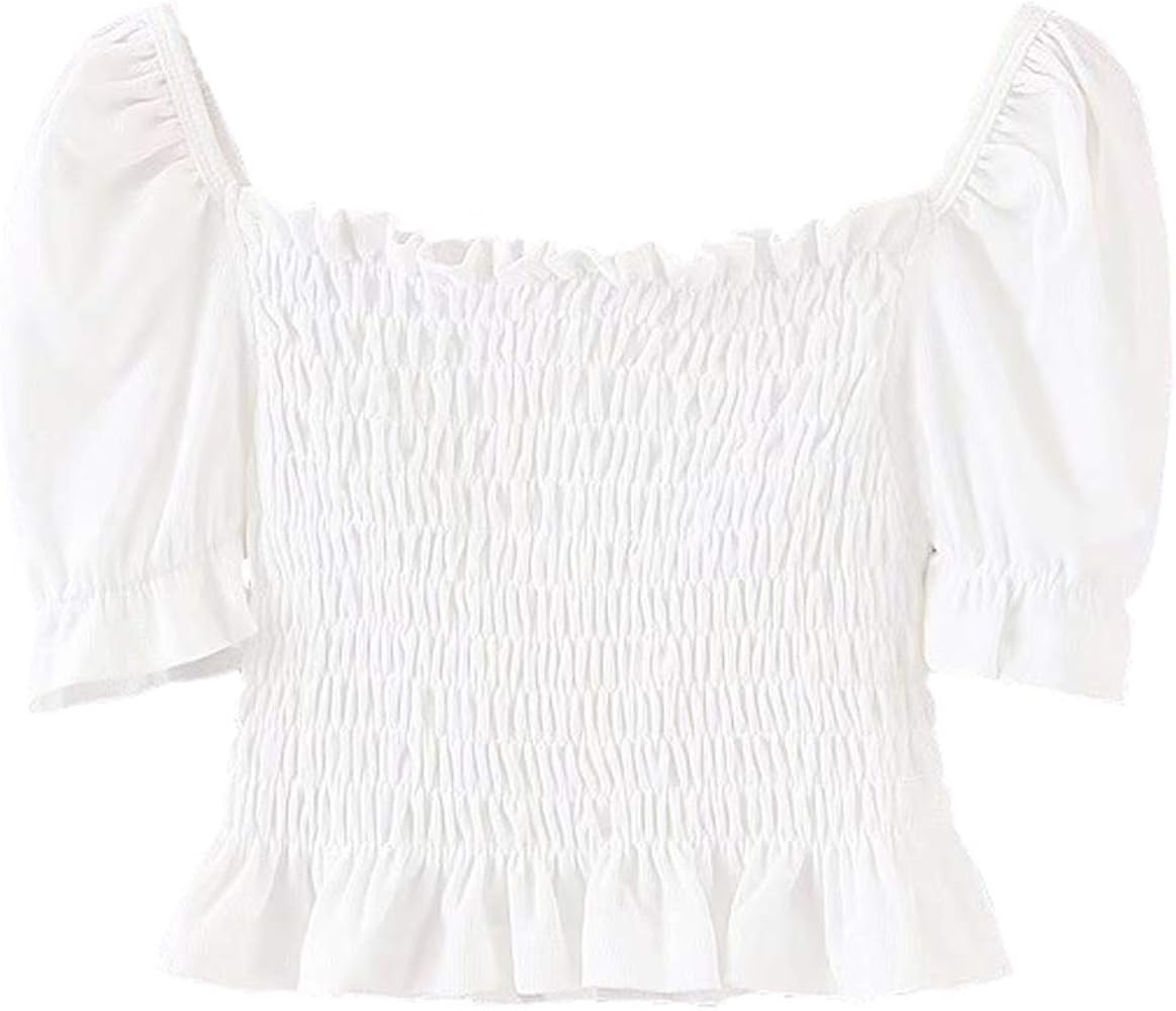 R.Vivimos Women's Summer Knit Shirred Short Sleeve Ruffle Blouse Crop Top | Amazon (US)