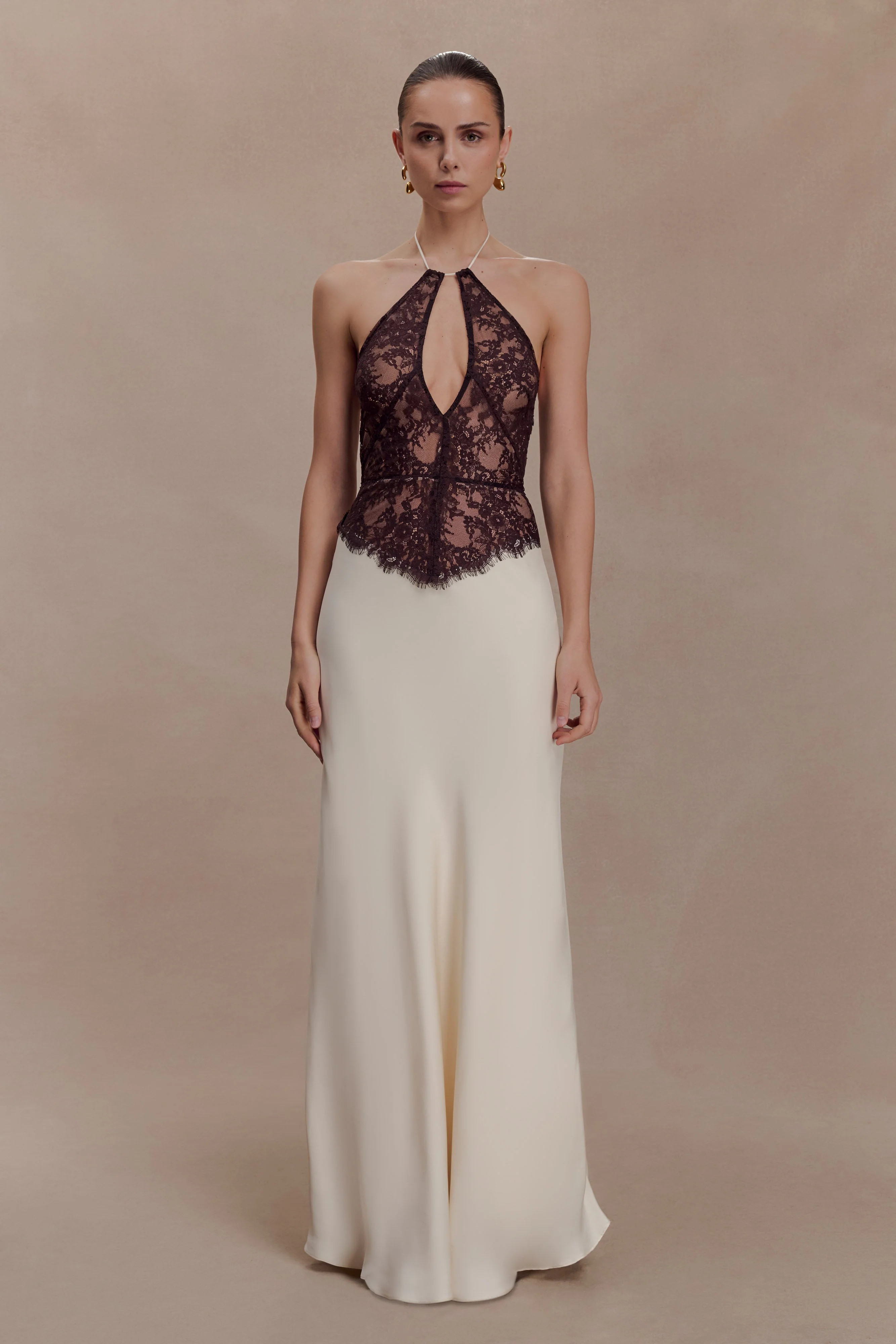 Lace And Satin Halter Maxi Dress - Ivory/Chocolate | MESHKI US