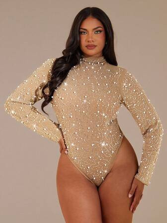 SHEIN BAE Plus Size Women's Autumn/Winter, Spring/Summer Mesh Rhinestone & Pearl Studded Sleeveless Bodysuit, Khaki Color, Winter Clothes For Women, Summer,Cozy Fall And Winter Clothes For Women,Halloween Costume, Christmas Outfit For Women,New Year Outfit,Thanksgiving Plus Size,Elegant Bodysuit For Party,Sexy Club Outfits For Women,Cozy Fall & Winter Styles,Plus Size Halloween Costumes,Formal Bodysuit For Women,Wedding Guest Top Women,Plus Size Women Clothes,Halloween Costumes Plus Size | SHEIN
