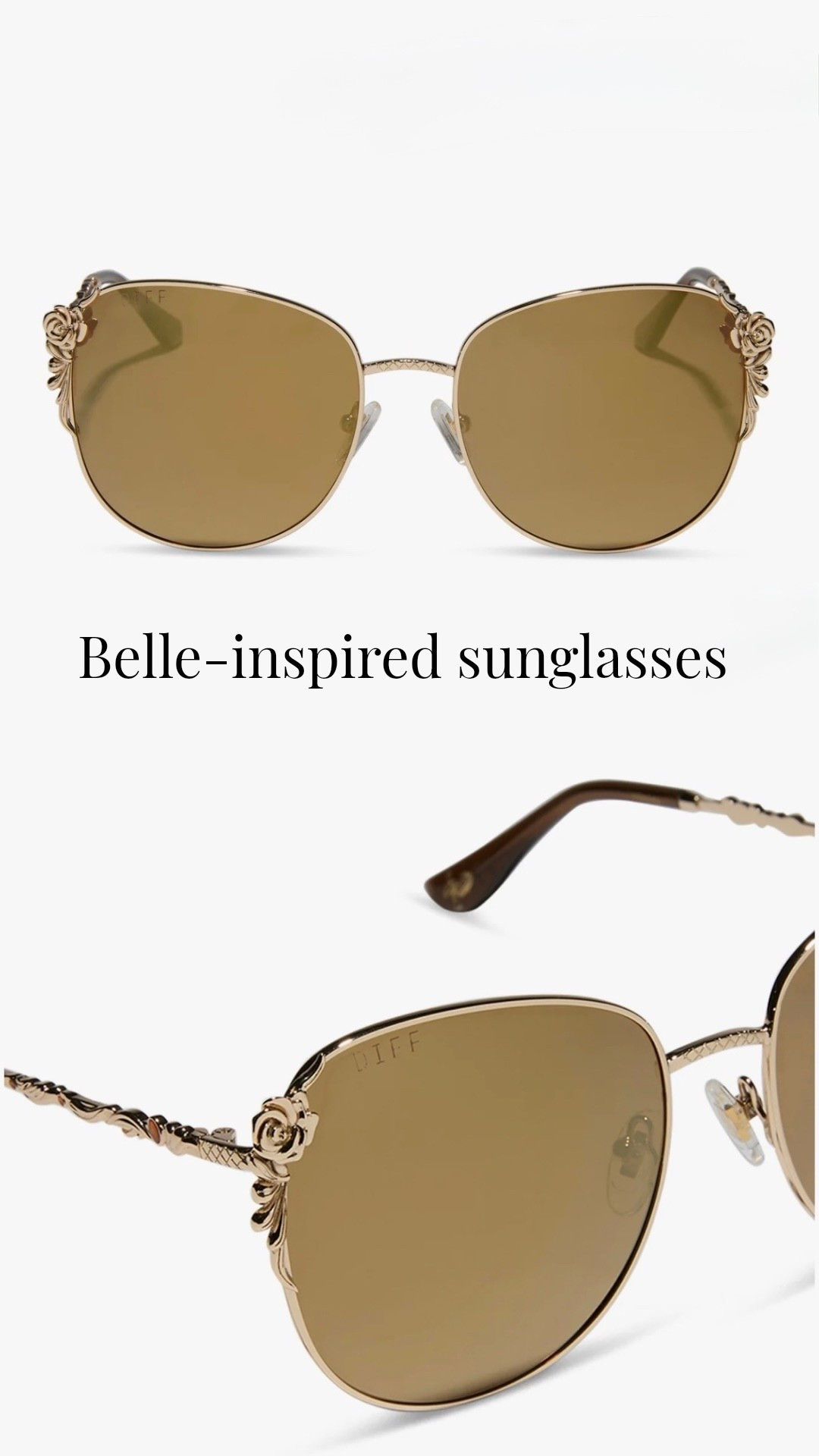 Channel your inner princess with these Belle-inspired sunnies from the Belle collection 💛✨
Elegant gold wire frames + rich brown lenses with a subtle gold flash = timeless and romantic (the stuff of stories 🥀). The details are everything — sculpted sweeping arms, warm brown jewels, golden rose clusters at the temples, and a delicate crown sigil on the earpieces. Truly enchanting.

Part of the Disney Princess | DIFF collection.
✔️ Oversized fit (58mm-18mm-140mm)
✔️ Polarized lenses
✔️ 100% UVA/UVB protection
✔️ Premium scratch-resistant polymer lenses
✔️ Metal frame
✔️ Includes case

You can also grab the matching chain separately for $20 to complete the look 👑
Perfect for everyday elegance, brunch dates, or your own fairytale moment. ✨

#LTKootd #LTKTravel #LTKdayinmylife