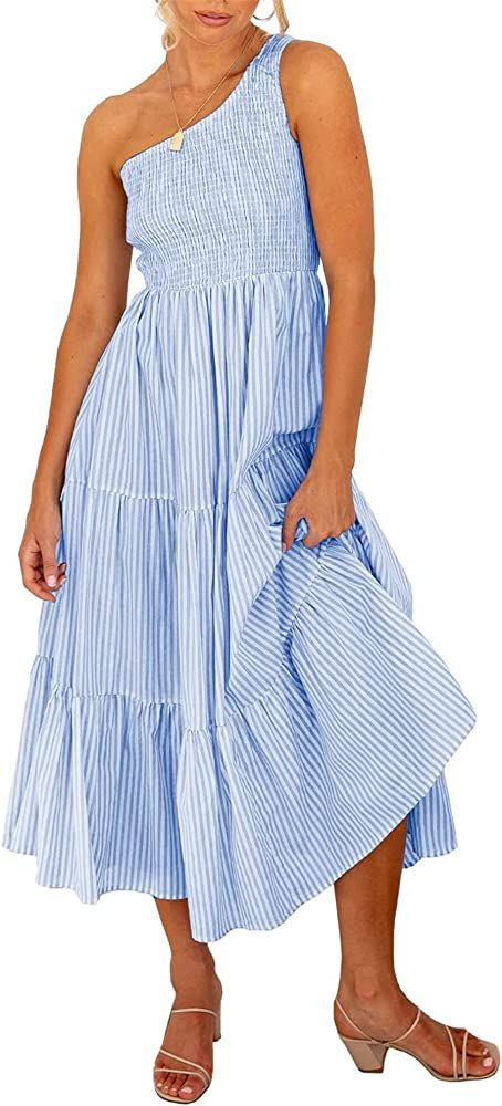 BTFBM Women One Shoulder Summer Dresses 2024 Sleeveless Casual High Waist Floral Flowy Beach Boho... | Amazon (US)