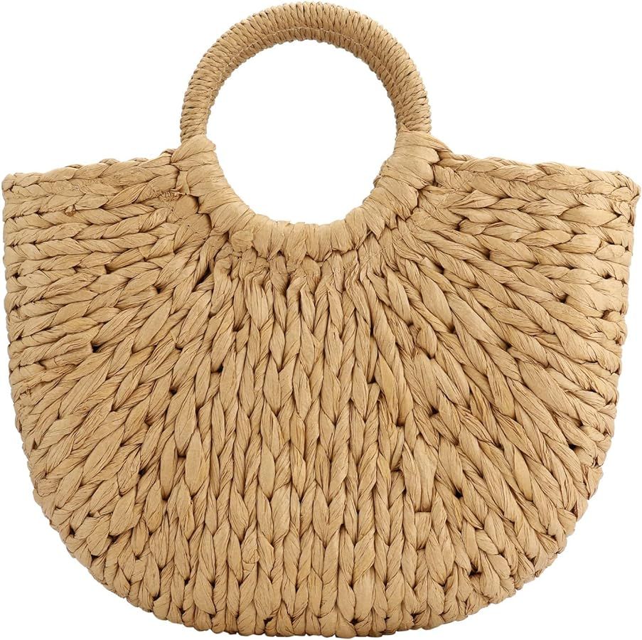 Women Straw Bag, Hand-woven Rattan Tote Clutch Handle Bag Retro Summer Beach Tote Bags Wicker Bag... | Amazon (US)