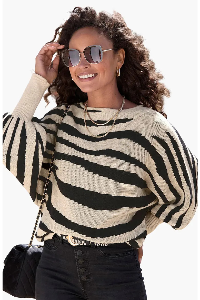 LASCANA Bishop Sleeve Zebra Sweater in Beige & Black at Nordstrom, Size 14 | Nordstrom