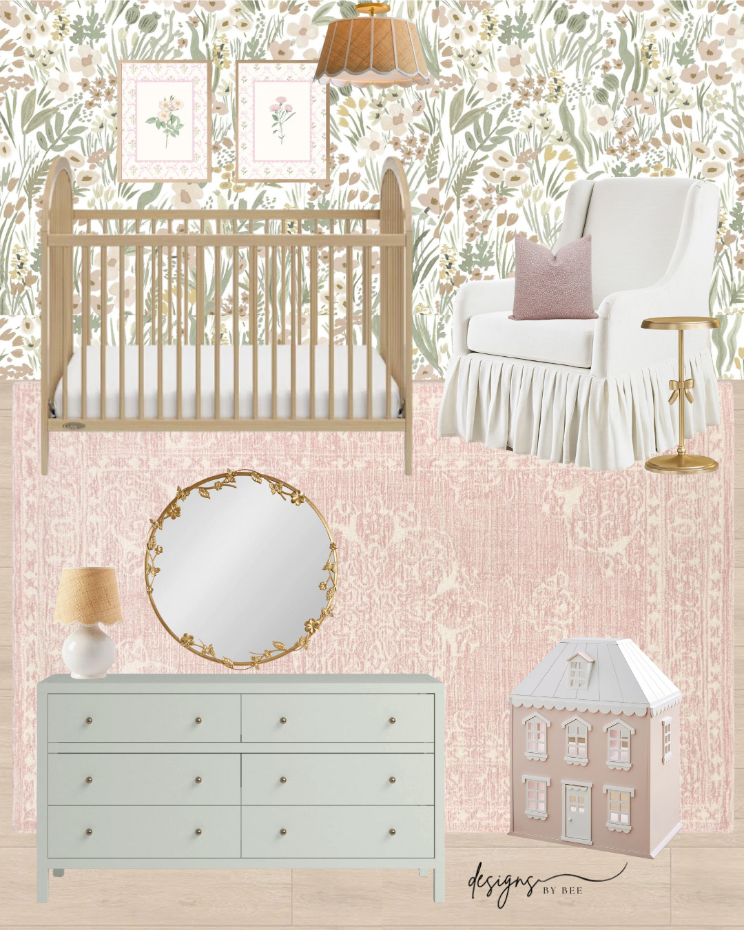 bedroom decor, girl bedroom, pink and green bedroom, grandmillennial bedroom, vintage inspired bedroom, floral wallpaper, botanical bedroom, cane bed, rattan bed, light wood bed, mint green dresser, sage green nightstands, boucle chair, white swivel chair, pink rug, vintage rug, pleated lamp, scalloped lamp, botanical art, flower prints, nursery decor, big girl room, cottagecore bedroom, bedroom mood board, bedroom inspiration, home decor ideas 

 #LTKHome #LTKBaby