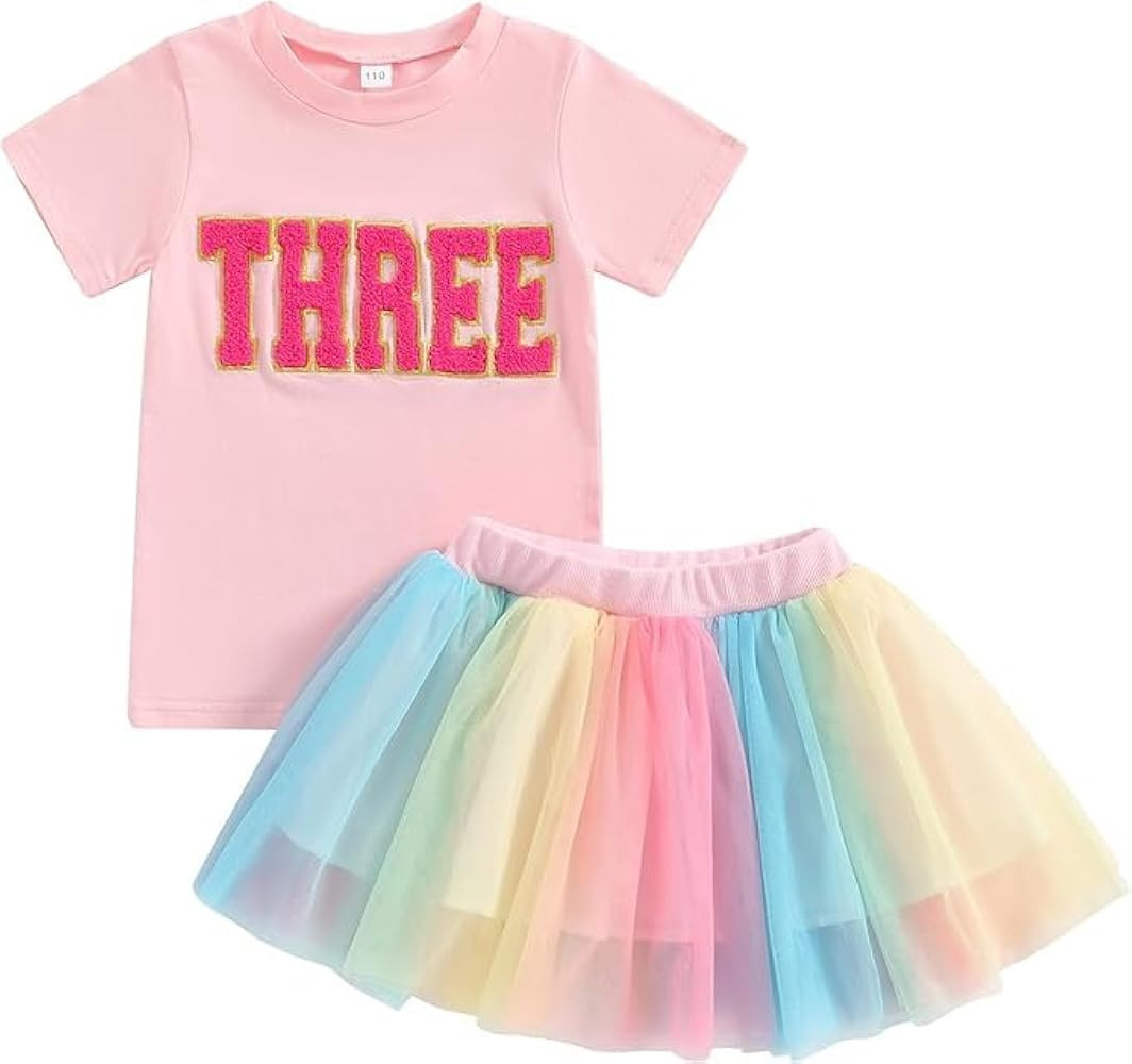 Toddler Kids Baby Girls Birthday Outfit Two/Three/Four/Five/Six T-shirt Rainbow Mesh Tulle Tutu Skirts | Amazon (US)