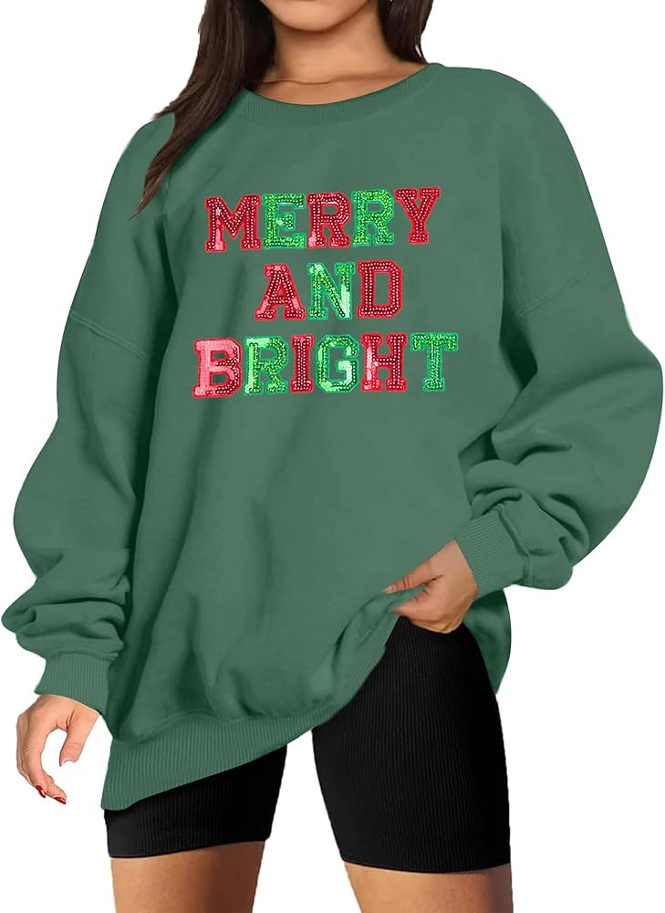 Christmas Sweatshirt Women Oversized Merry and Bright Sequin Shirt Xmas Gift Sweaters Christmas V... | Amazon (US)