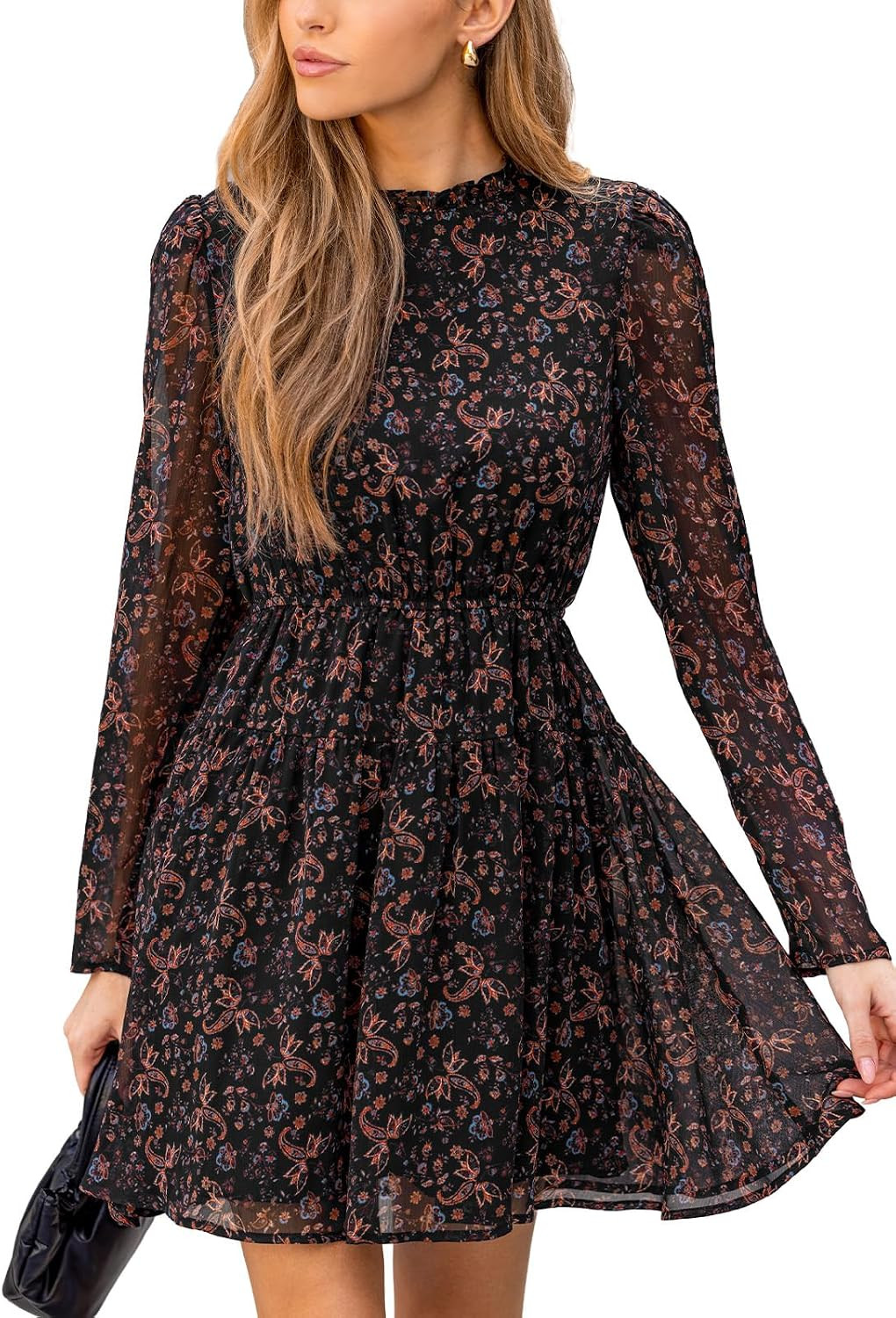CUPSHE Women's Floral Chiffon Mini Dress Mock Neck Puff Sleeve Fall Dress | Amazon (US)
