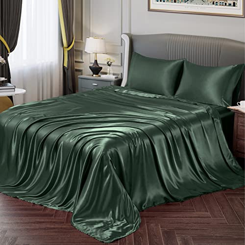 Vonty Satin Sheets Queen Silky Soft Satin Bed Sheets Forest Green Sheet Set, 1 Deep Pocket Fitted Sheet + 1 Flat Sheet + 2 Pillowcases | Amazon (US)
