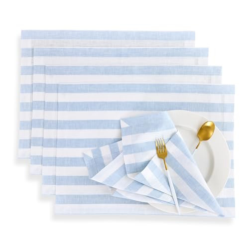 Solino Home Linen Placemats Set of 4 - Sorrento Stripe Blue and White Placemats 14 x 19 Inch - 100% Pure Linen Place Mats for Spring, Summer, Memorial Day | Amazon (US)