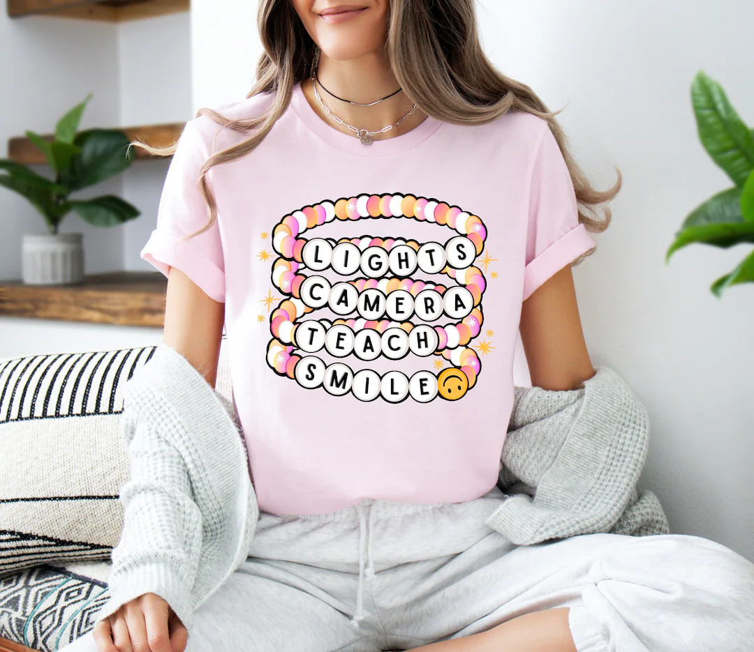 Lights Camera Teach Friendship Bracelet Pink In my Teacher Era Shirt Tee Trendy Happy to see you ... | Etsy (US)