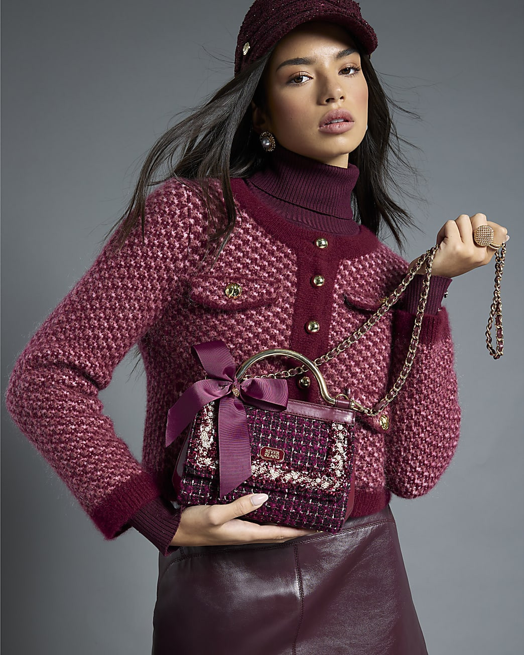 Red Boucle Bow Metal Handle Tote Bag | River Island UK & IE