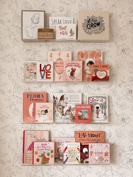 Valentine’s Day books, little girl’s room, wallpaper, acrylic book shelves 

#LTKbaby #LTKkids