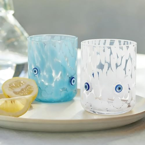 Whaline 2Pcs Evil Eye Icon Juice Glass 14 Oz Wine Glass Blue White Stemless Cocktail Drinking Cups for Home Party Favors Supplies | Amazon (US)