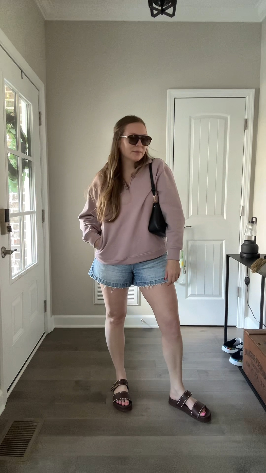 Affordable brown sunglasses 
Black shoulder bag 
Quarter zip sweatshirt with pockets / tts wearing a small
Aline shorts / tts wearing a 29
Two strap sandals / tts

#LTKdayinmylife #LTKActive #LTKootd