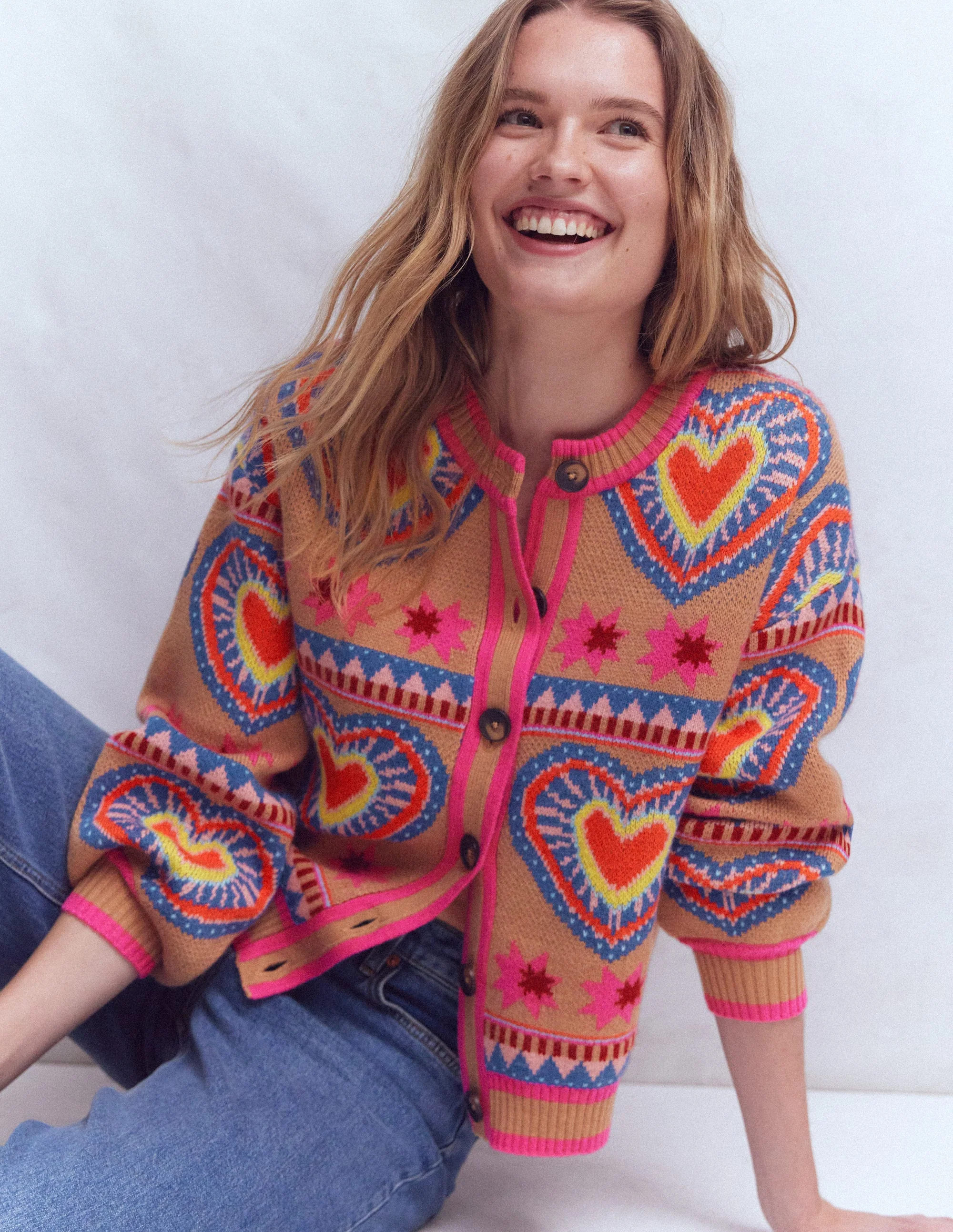 Abi Jacquard Cardigan-Camel Melange, Hearts | Boden (US)