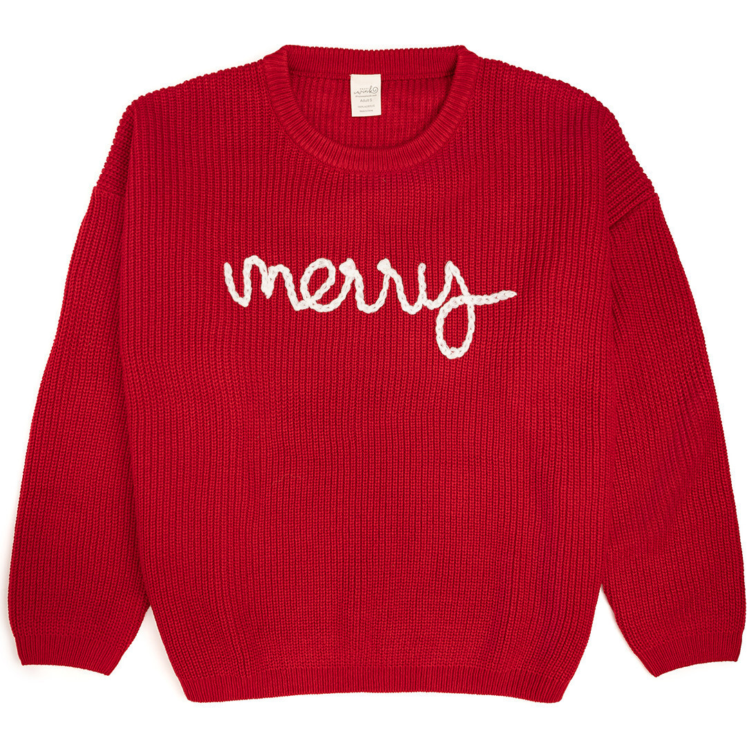Merry Christmas Yarn Knit Adult Sweater, Red | Maisonette