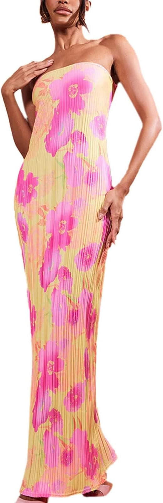 KMBANGI Womens Pink Floral Pleated Tube Maxi Dress Sleeveless Off Shoulder Strapless Backless Par... | Amazon (US)
