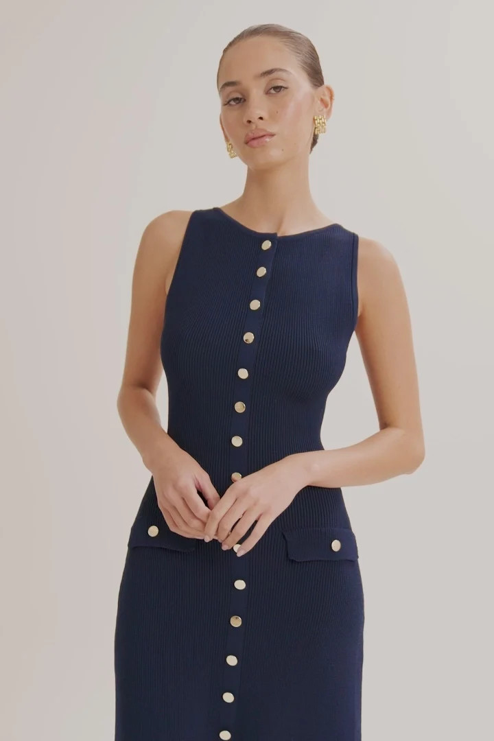 Sawyer Sleeveless Buttoned Maxi Dress - Navy | MESHKI US