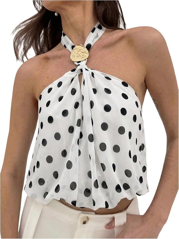 MakeMeChic Women's Polka Dots Halter Crop Tops Metal Open Back Sleeveless Going Out Top | Amazon (US)