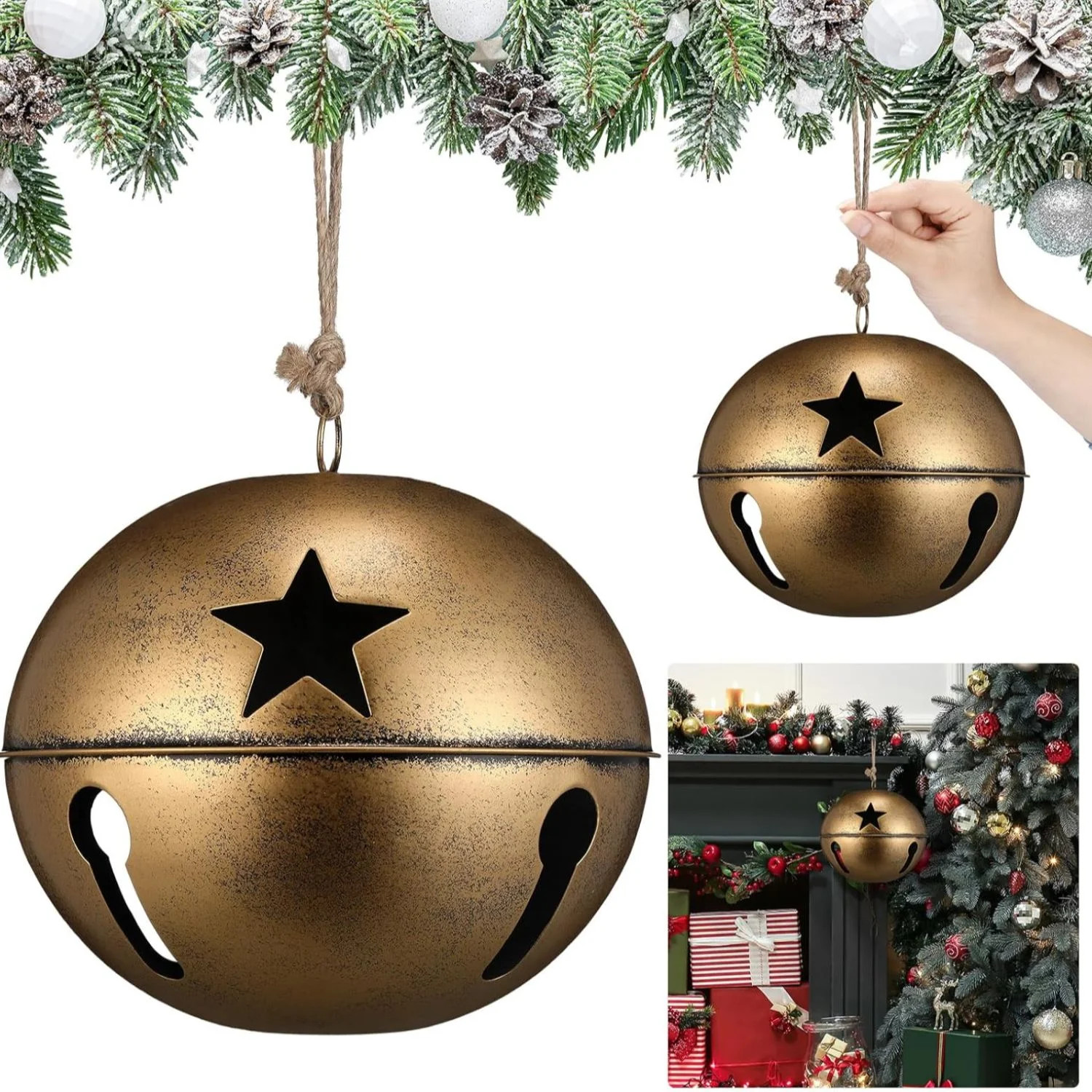 8 Inch Large Christmas Jingle Bells Rustic Xmas Giant Hanging Sleigh Bells with Coarse Rope Star ... | Walmart (US)