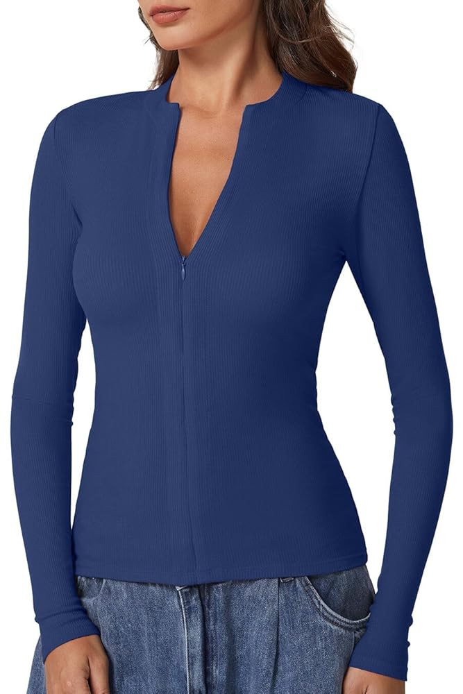 QINSEN Long Sleeve Shirts for Women Crewneck Half Zipper Ribbed Knit Going Out Tops Full Length B... | Amazon (US)