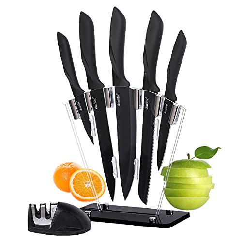 dearithe Kitchen Knife Set 7 Piece, High Carbon Stainless Steel Knife Block Set with Knife Sharpener, Professional Chef Knife Set with Acrylic Stand,Non stick coating for Anti-rusting and Sharp | Amazon (US)