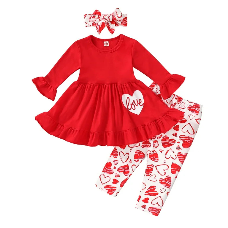 Younger Tree Valentine's Day Outfit Toddler Baby Girl Long Sleeve Dress Heart Print Pants Set wit... | Walmart (US)