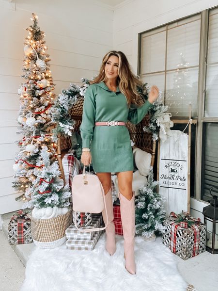 Green sweater dress, holiday outfits, long sleeve dress, pink boots, tall boots, blush pink belt, Christmas outfit

#LTKHoliday #LTKstyletip #LTKfindsunder50